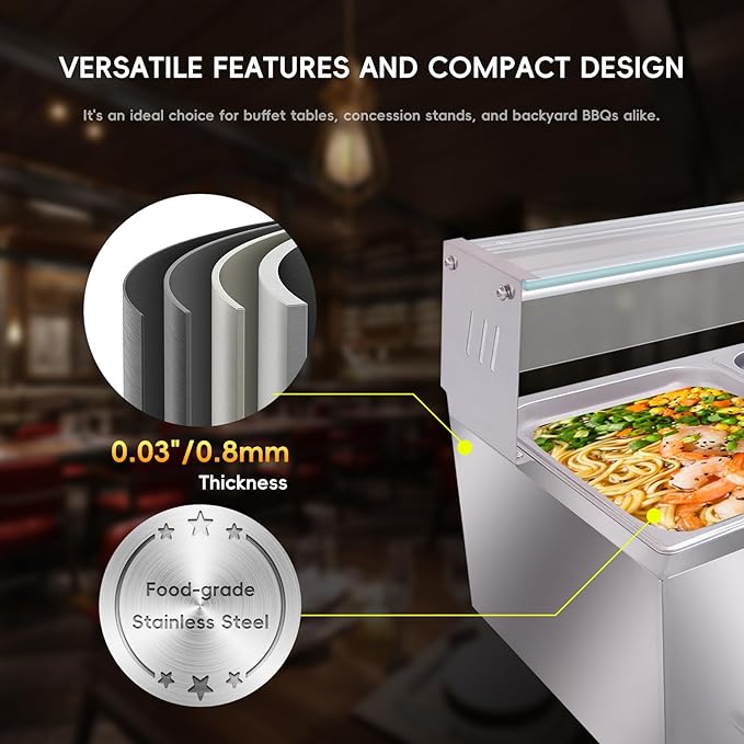 5-Pan Commercial Electric Food Warmer 60QT Stainless Steel Buffet Bain Marie with Tempered Glass Shield for Catering and Restaurants
