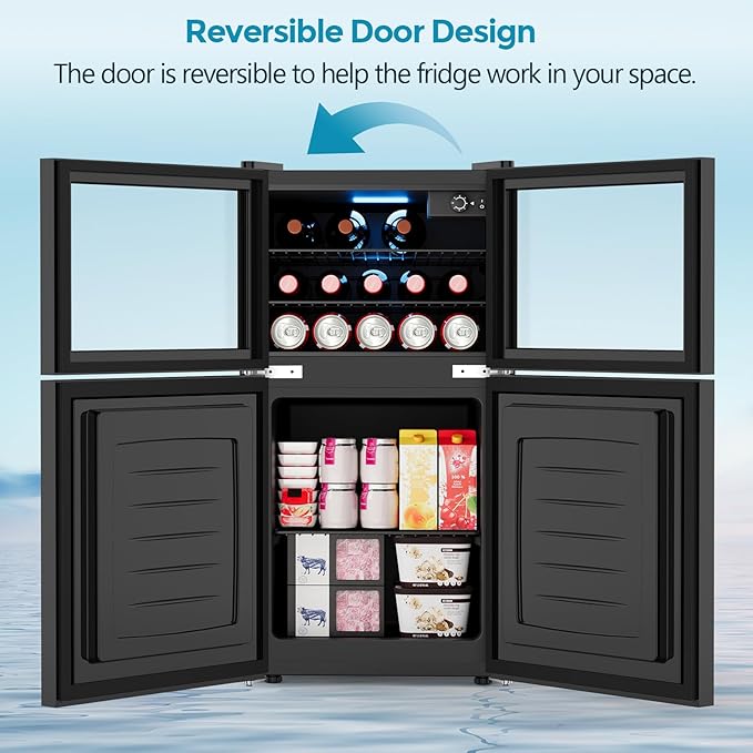 2.6 Cu.Ft Mini Fridge with Freezer, Compact Refrigerator with Upper Glass Door, Reversible Door & Adjustable Thermostat for Bedroom, Dorm, Office