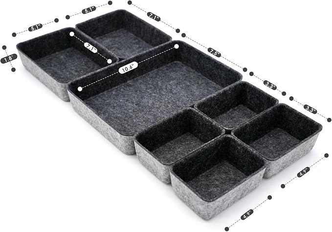 7pc Shallow Felt Desk Drawer Organizers Trays Charcoal Storage Bins - Image 2