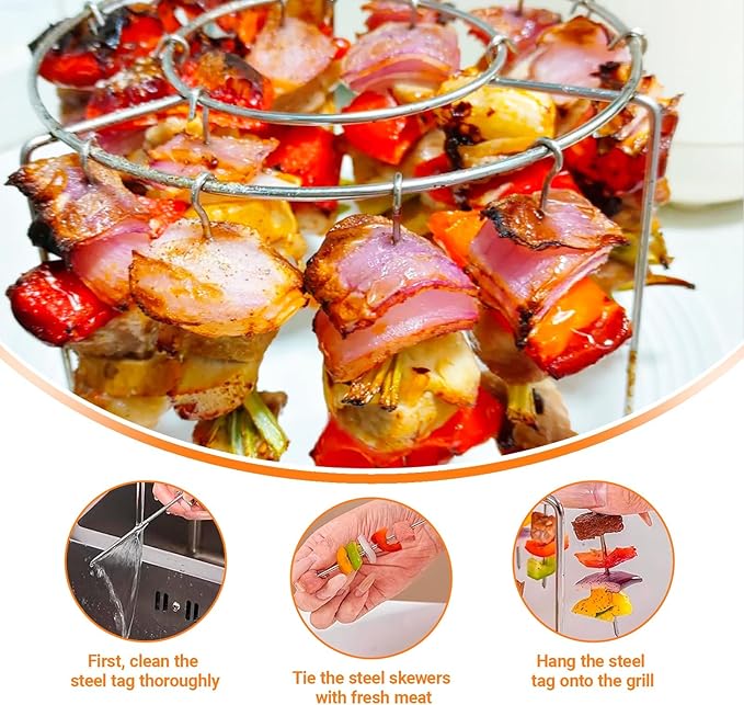 BBQ Kebab Skewers Stainless Steel, Airfryer Accessories, Barbecue Skewer Set, 24 x Barbecue Skewers + Round Grill Rack, Compatible with Airfryer, Hot Air Fryer, Oven and Rice Cooker
