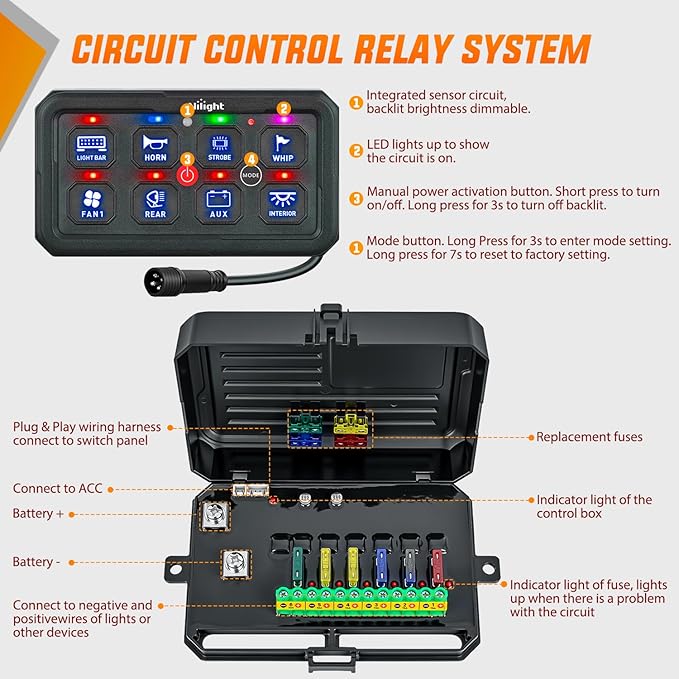 Nilight 8 Gang Switch Panel Red Circuit Control Relay System with Fuse Wiring Harness Toggle Momentary Strobe Flash Modes Automatic Dimmable ON Off Pod 12V 24V for Car Truck Camper SUV