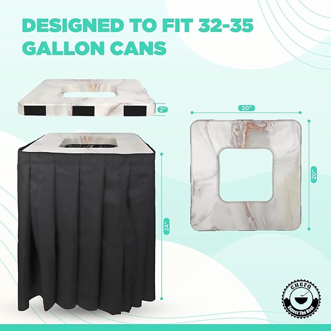 Square Black Trash Can Topper Cover With Solid Pleated Skirt | Designed to Fit 32-35 Gallon Trash Cans | Elegant Party Supplies for Weddings, Banquets, Birthday Parties & More (Black Top Maroon Skirt)