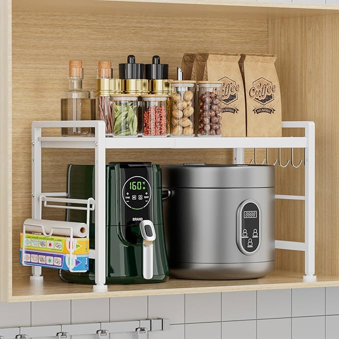 Extendable Microwave Oven Rack - Adjustable Kitchen counter shelf, 2 Tier Microwave Stand (L15.7~23.6" xW12.8 xH17.7) with 6 Hooks for Kitchen Countertop Organizer (White)