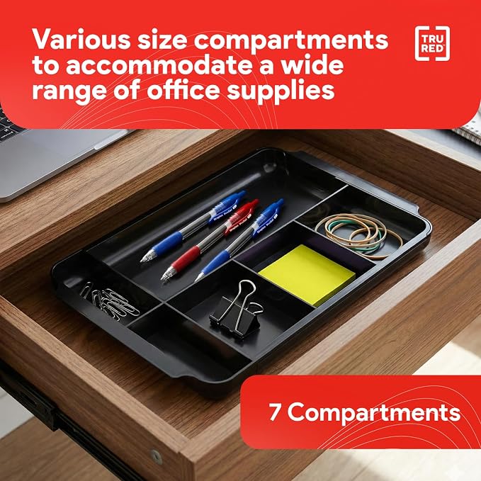 TRU RED Expandable Plastic Drawer Organizer, 7-Compartment, and office supplies. - Image 4