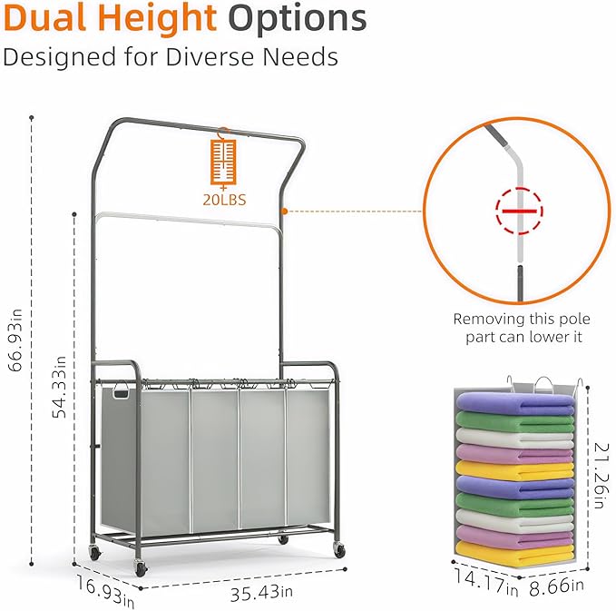 ROMOON Laundry Hamper Sorter Cart, 4 Section Organizer - Image 6