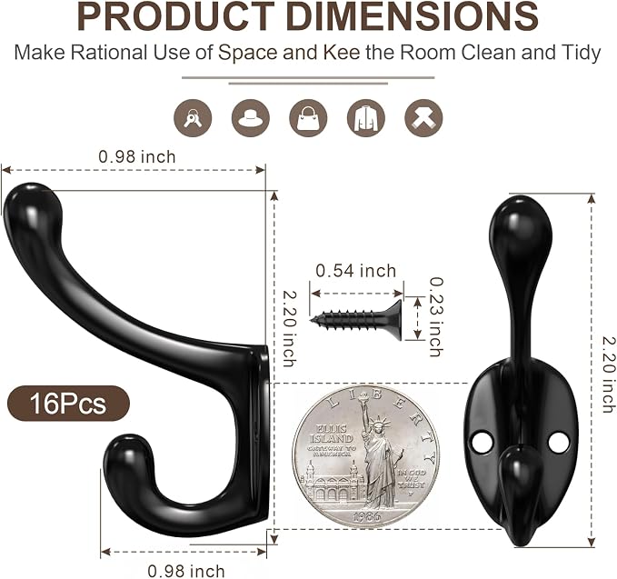16 Pcs Black Coat Hooks, Wall Hooks - Image 2