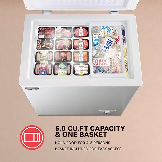 5.0 Cu.Ft Chest Freezer WANAI Deep Freezers Large Storage 7 Temperature Control Low Noise with Removable Basket for Dorm Apartment Home Kitchen