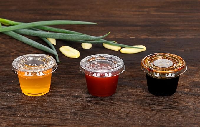 EDI [1 OZ, 100 Sets] Clear Disposable Plastic Portion Cups With Leakproof Lids | Jello Shot, Condiment, Dipping Sauce, Souffle Cups | BPA Free | Recyclable