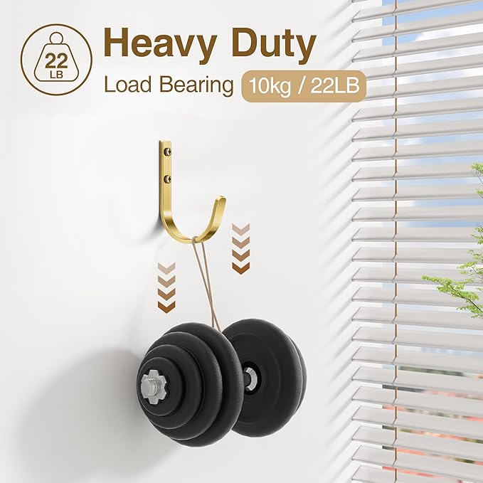 10 Pack 22LB Wall Hooks for Hanging Towel/Coat, Brushed Gold | Screw in Metal - Image 5