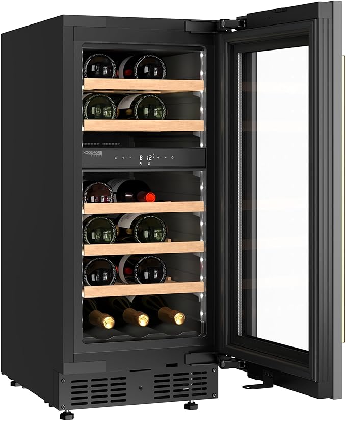 KoolMore Reserve 15 in. Under-Counter Panel Ready Dual Zone Built-in Wine Cooler with 23 Bottle Capacity and Wooden Shelves in Black, ETL Listed (KM-CW28DZ-WPR)