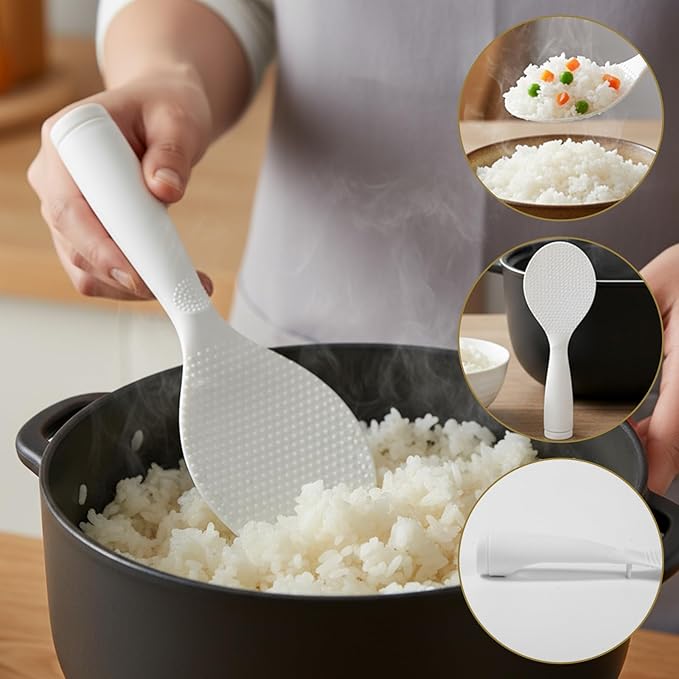 3 Pcs Standing Rice Spatula Food-Grade Rice Spoon Non-Stick Cookware Scoop Paddle 329°F Heat Resistant Lightweight Cooker Scooper for Sushi Pasta Cooking & Serving (White)