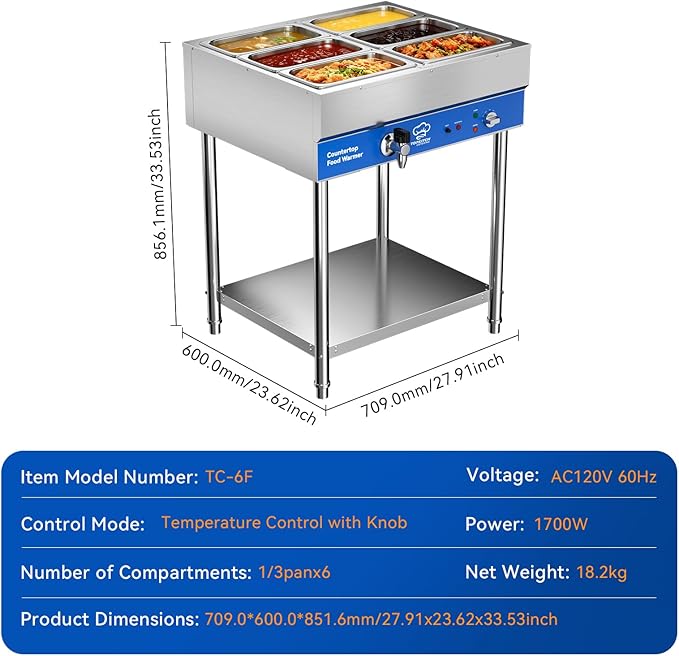 6-Pan Commercial Food Warmer, Electric Steam Table, 120V 1700W Stainless Steel Buffet Catering Food Warmer with Undershelf and Workspace, for Restaurant.