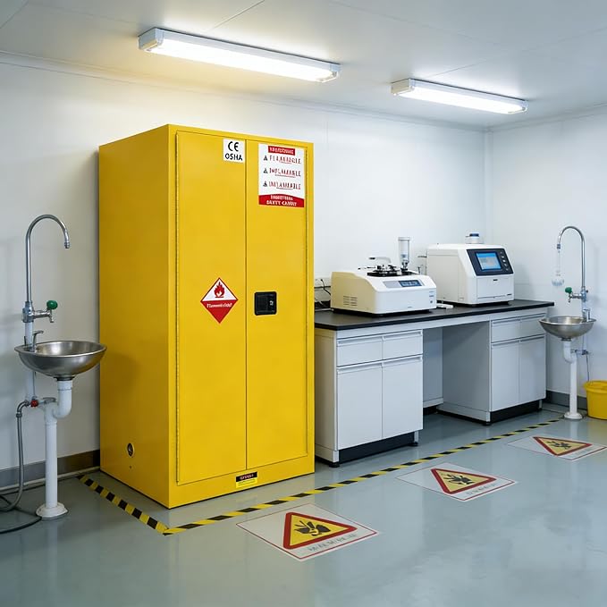 392 Gal Flammable Liquid Storage Cabinet with 3-Point Locking System and Adjustable Galvanized Shelves, Metal Flammable Storage Cabinet for Laboratory Chemical Storage, Gasoline Cans Yellow