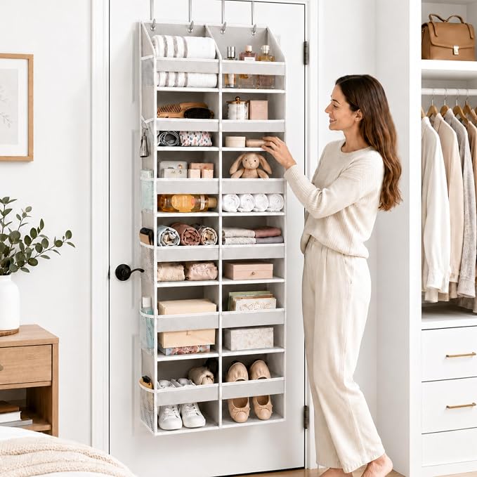 HOMELUX THEORY Over the Door Organizer, 6-Tier XL, 100D Fabric, Light Gray - Image 2