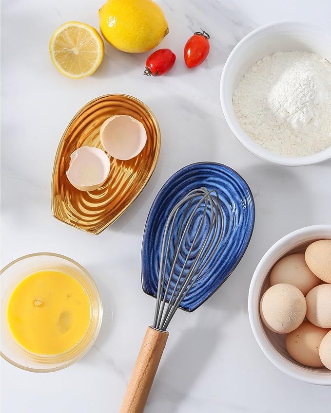 Hasense Spoon Rests Set of 2 for Stove Top, Large Ceramic Spoon Holder for Kitchen Counter, Cooking Utensil Rest for Spatulas, Spoons and Tongs, Kitchen Gadget Cooking Spatula Holder, Gold and Blue