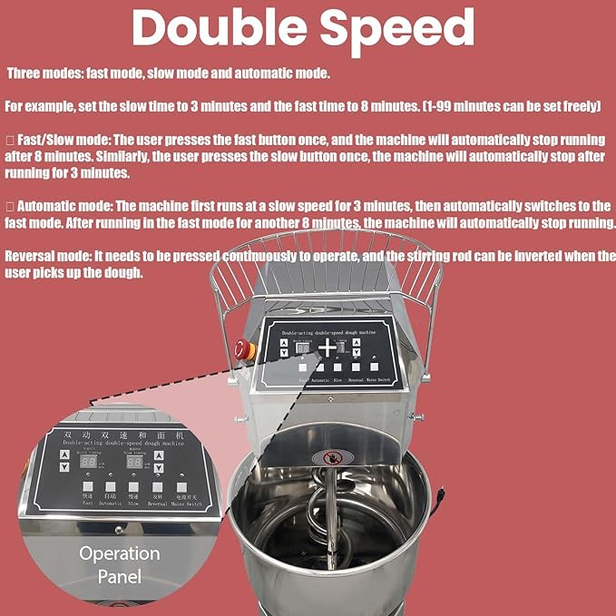 40QT Commercial Stand Dough Mixer Double Action Fast and Slow Speed Spiral Electric Flour Mixing Machine for Professional Bread Making Kneading Machine with Speed Time Control 40L 1800W