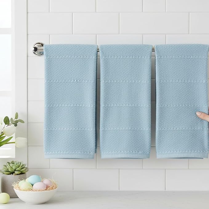 Light Baby Blue Kitchen Hand Dish Towels, 100% Cotton - Image 2
