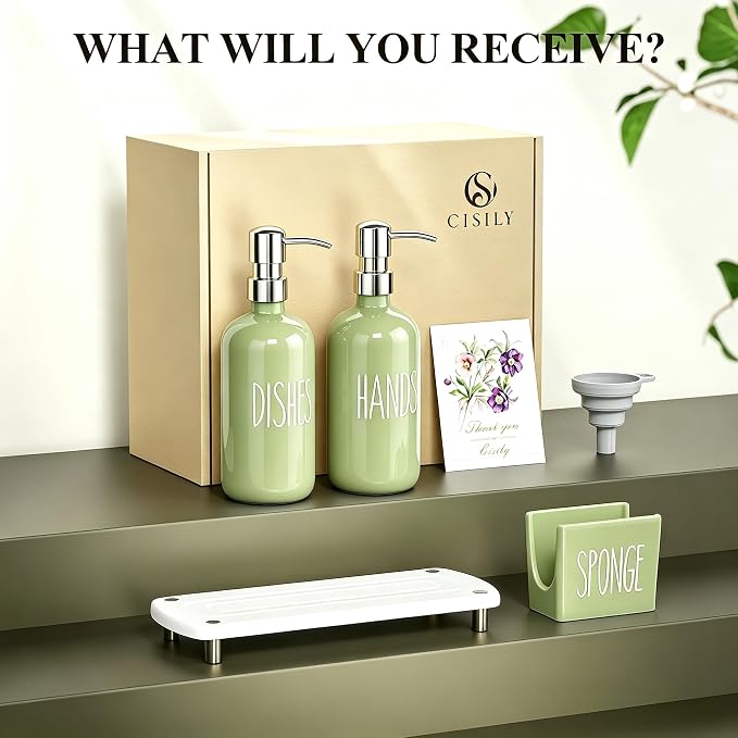 Cisily Olive Green Kitchen Soap Dispenser Set - Image 7