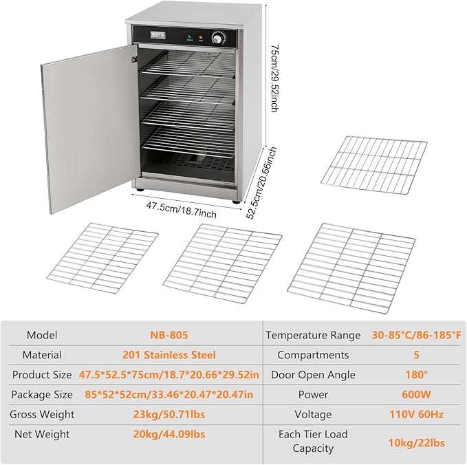 Electric Hot Box Commercial Heated Holding Cabinet 5-Compartment Stainless Steel 110V Hot Box 18.7 * 20.66 * 29.52Inch Food Warmer with Temperature Display Meter (5-Compartment)