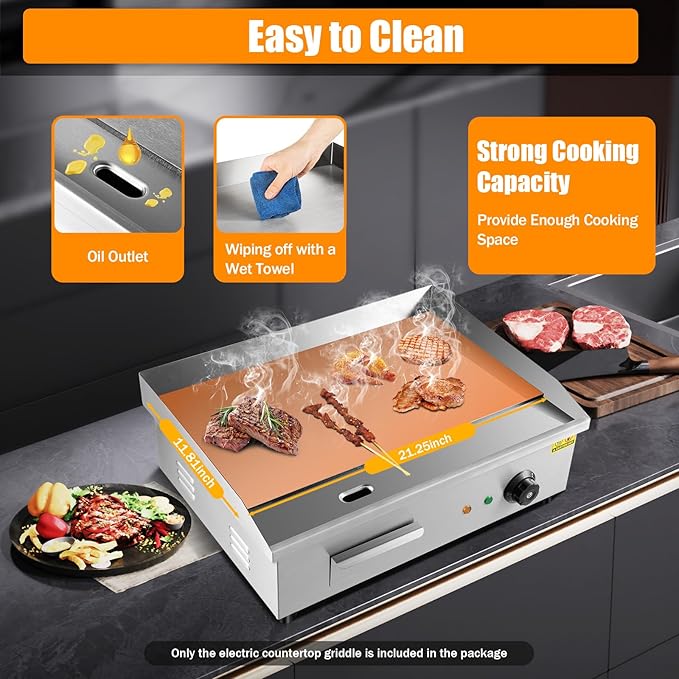 Electric Griddle, Electric Countertop Flat Top Griddle, 110V 3000W Stainless Steel Non-Stick Flat Top Grill, 122-572℉ Adjustable Temp Control for Restaurant Kitchen BBQ Pancake