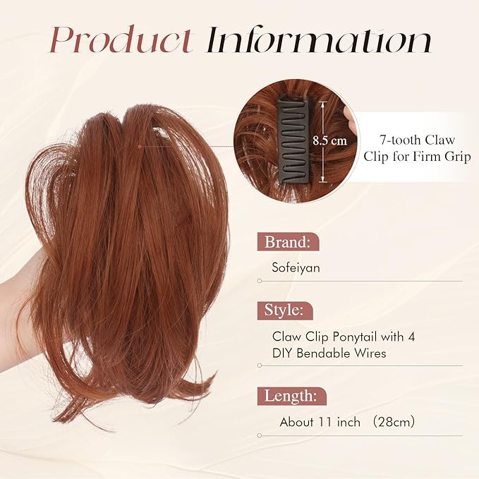 SOFEIYAN Claw Clip Short Ponytail Extension DIY Bendable Wires Hair Bun Fluffy Fake Hair Piece Straight Synthetic Hair Ponytail Extensions for Wonen - Ash