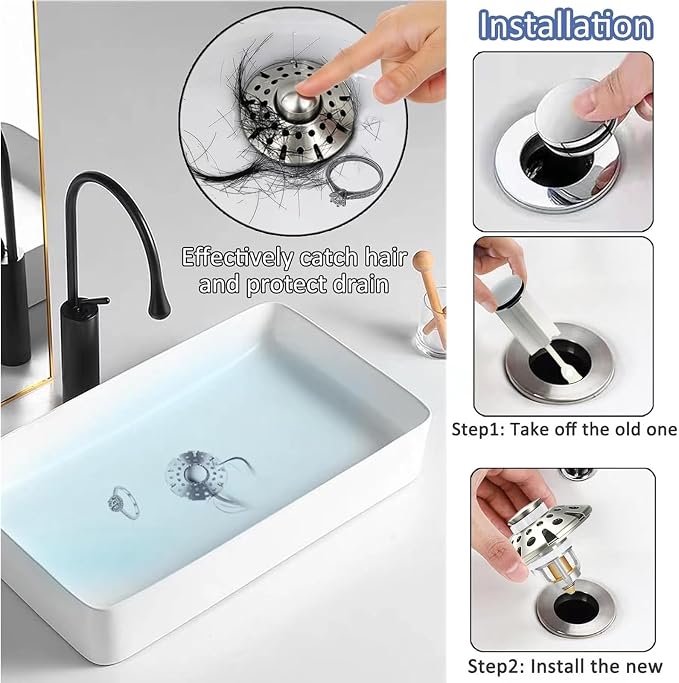 AzWzz Bathroom Sink Drain Strainer, 3 in 1 Pop Up Bathroom Sink Stopper Plug - Image 3