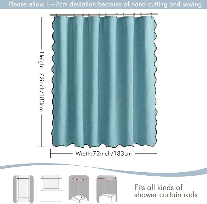 MIULEE Teal Scalloped Linen Shower Curtain 72x72 Inches - Image 6