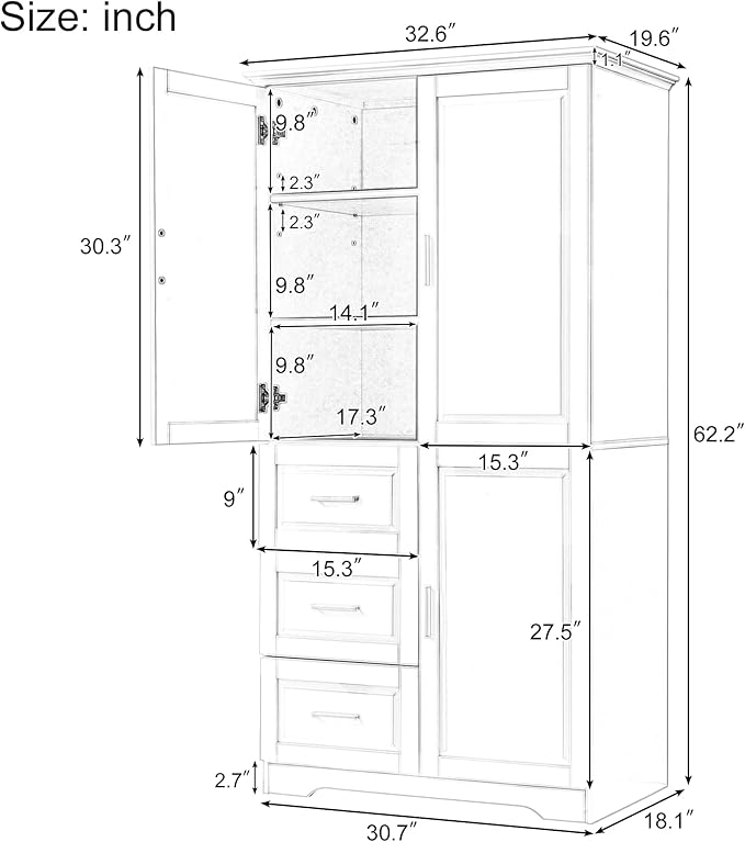 62.2" Wide Storage Cabinet Pantry Cupboard with Doors and Drawers for Home Kitchen, Bathroom and Living Room, Adjustable Shelf, Black