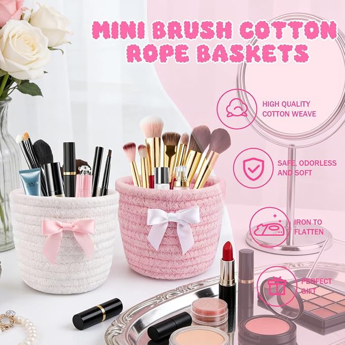 2 Pack Bow Makeup Brush Holder- Mini Woven Cotton Rope Small Oval Basket - Image 3