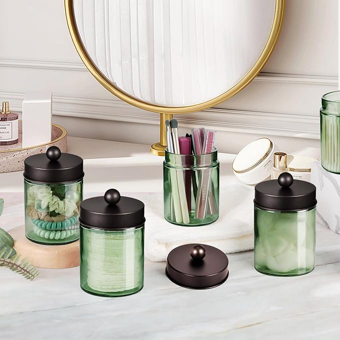 Amolliar Green Glass Apothecary Jar, Qtip Holder - Image 5