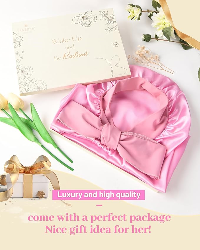 YANIBEST Long Bonnet Satin Bonnet for Sleeping Braid Bonnet with Tie Band Silk Sleep Bonnet for Women Locs Pink