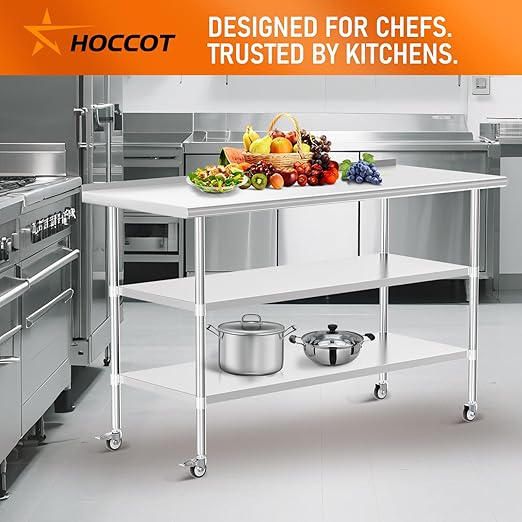 Stainless Steel Prep Table 24" X 60" with 2 Adjustable Undershelves, Backsplash and Wheels, Commercial Metal Workstations for Kitchen, Garage, Outdoor BBQ