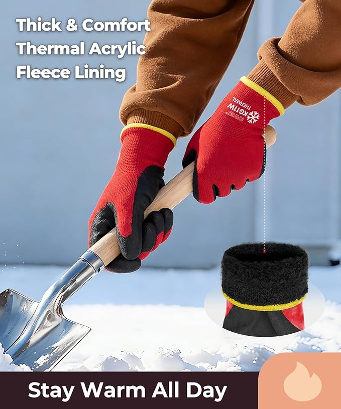 KAYGO Winter Work Gloves for Men and Women, 12 Pairs Thermal Insulated Safety Work Gloves PU Coated, Smooth Grip on Palm & Fingers,Ideal for Freezer Work,Red,S