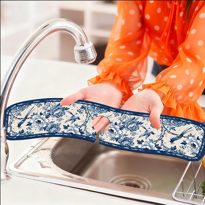 2 Pcs Kitchen Sink Splash Guard Faucet Mat Vintage Porcelain Flowers and Birds - Image 6