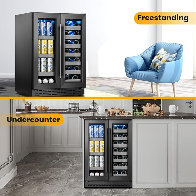 24 Inch Black Dual Zone Wine Fridge,20 Bottle & 88 Cans Wine and Beverage Refrigerator with Glass Door,Undercounter&Freestanding Stainless Steel Handle Wine Cooler Refrigerator for Home,Party