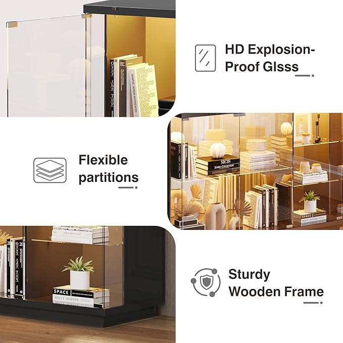 Lvifur Glass Display Cabinet with Lock & LED Light, High Gloss Sideboard with Human Body Sensor & Glass Shelves for Toys, Books, Collectibles, Liquor, Bookcase for Living Room, Kitchen, Study, Black