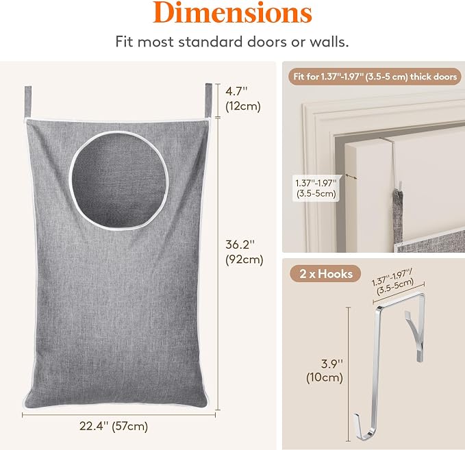 Lifewit 2 Pack Over Door Laundry Hamper, Collapsible Hanging, Light Gray - Image 2