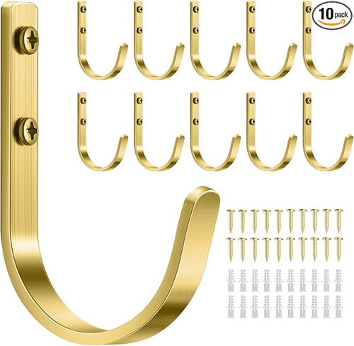 10 Pack 22LB Wall Hooks for Hanging Towel/Coat, Brushed Gold | Screw in Metal by Josmimic