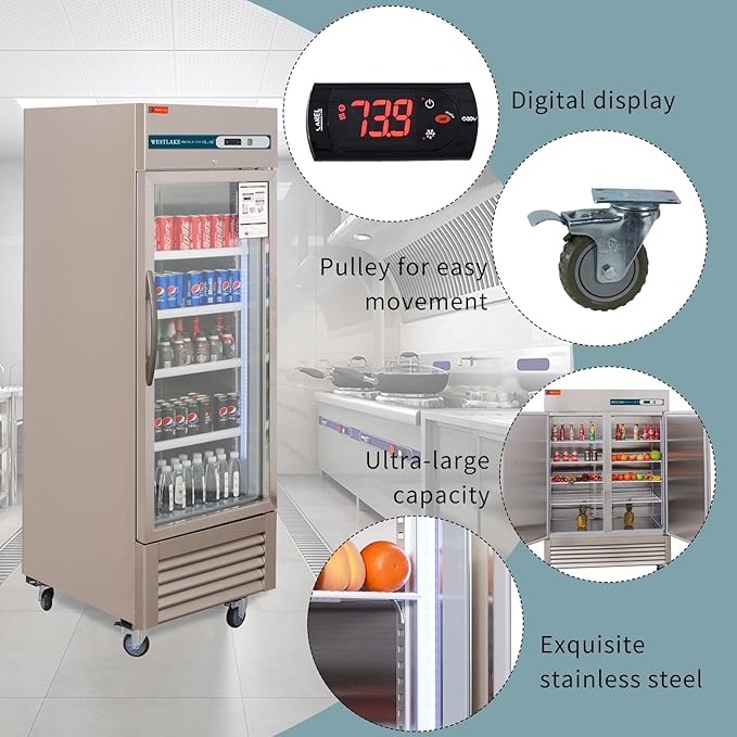 WESTLAKE 27" W Commercial Display Refrigerator Glass door Merchandiser Stainless Steel Reach-in Upriht Fan Cooling 23 Cu.ft Cooler for Restaurant, Bar, Shop, etc