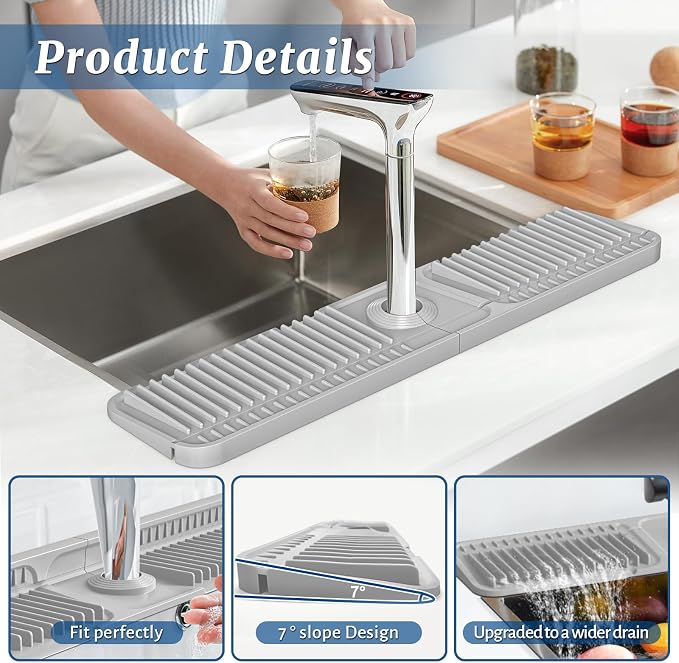 PoYang 24 Inch Faucet Mat for Kitchen Sink Splash Guard, Light Grey | Sink - Image 8