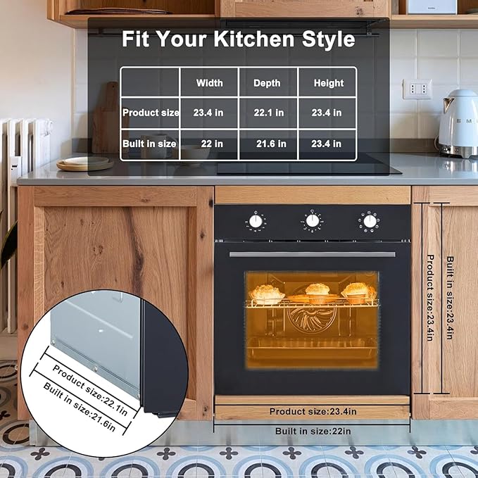 24 in Built-in Electric Wall Oven with Knob Control,70 L (2.47 Cu.Ft) Capacity,3000W Convection System & Self-Cleaning,Blue Enamel Interior,CSA Certified