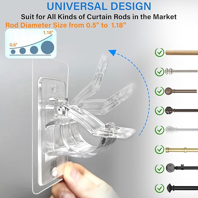 Antimbee 6-Pack No Drill Needed Curtain Rod Holders, Self Adhesive Rod Brackets - Image 2
