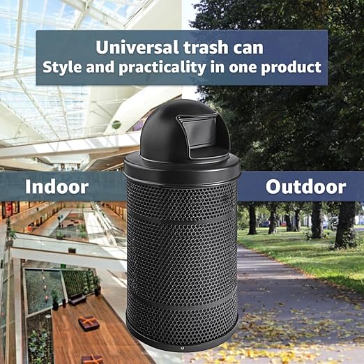 55 Gallon Perforated Trash Can with Plastic Dome Lid, Steel Outdoor Heavy-Duty Commercial Waste Bin, Round Recycle Container, Durable Garbage Can for Parks, Municipalities, Schools, Parking