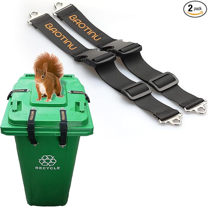 Trash Can Lock for Animals, 2PCS Adjustable Straps Garbage Can Locks for 28-100 Gallon Outdoor Bins, Bear Proof Trash Can Lock with Anti-Rust Metal Buckle, One-Hand Release Lid Locking(Deep Black)