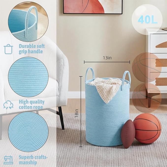 Laundry Basket, Woven Cotton Rope Laundry Hamper, 40L - Image 6