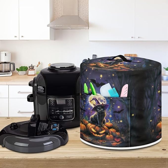 8 Quart Pressure Cooker Dust Cover with Top Handle and Storage Pocket Kitchen Small Appliance Protector Air Fryer Rice Cooker Dust Cover Halloween Moon Night Cat