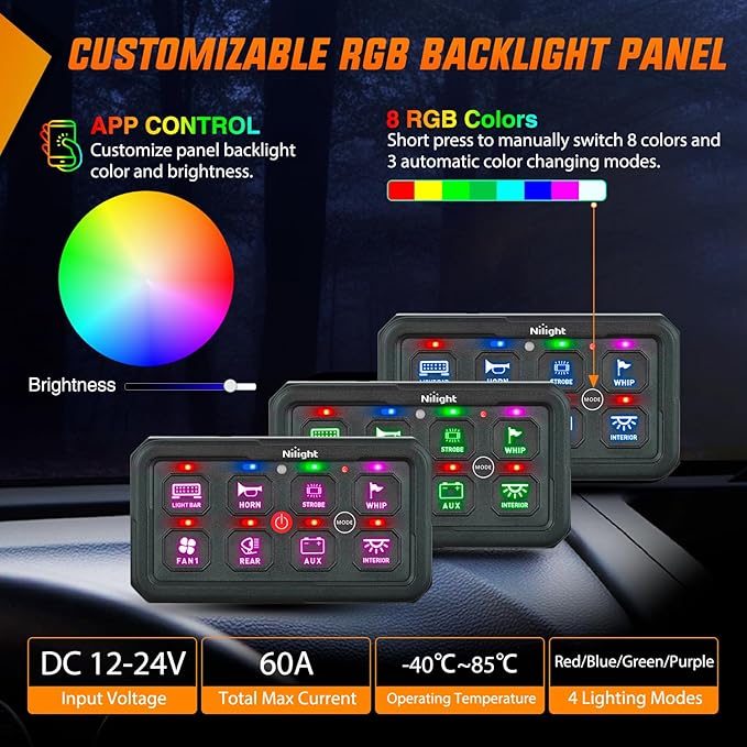 Nilight 8 Gang Switch Panel Circuit Control Relay System APP RGB Backlight Fuse Wiring Harness Toggle Momentary Strobe Flash Modes Automatic Dimmable 12V 24V for Car Truck Camper SUV