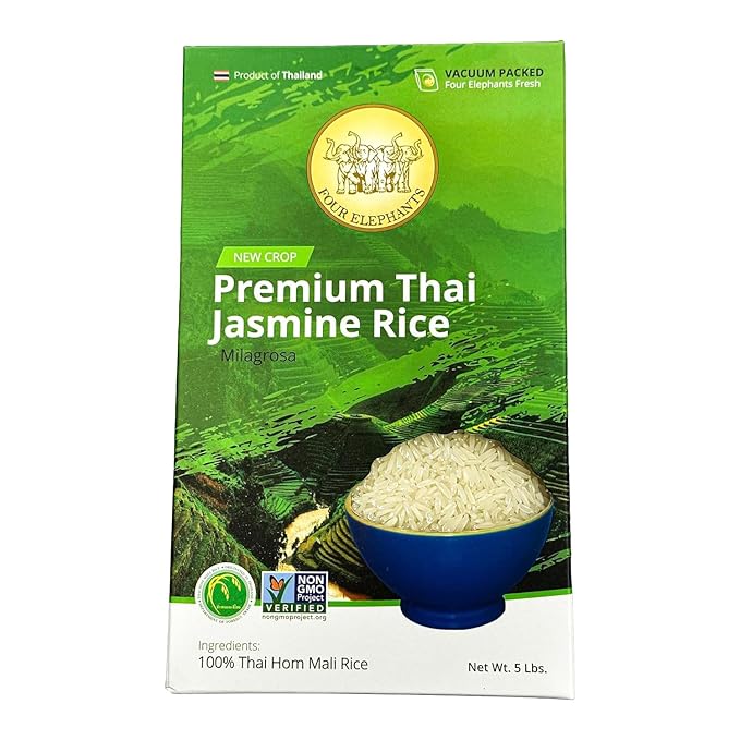 5 Pounds (LBS) Premium Thai Hom Mali Jasmine Rice | Endorsed By Pro Chefs | Four Elephants Brand | DIY Friendly Cooking Instructions Packaging