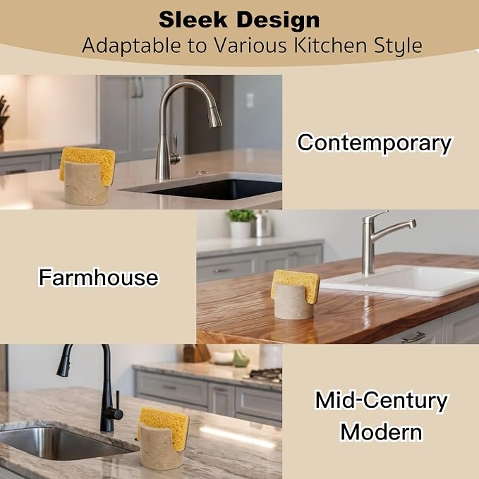 Natural Travertine Stone Sponge Holder, Compact Upright Sink Organizer - Image 2