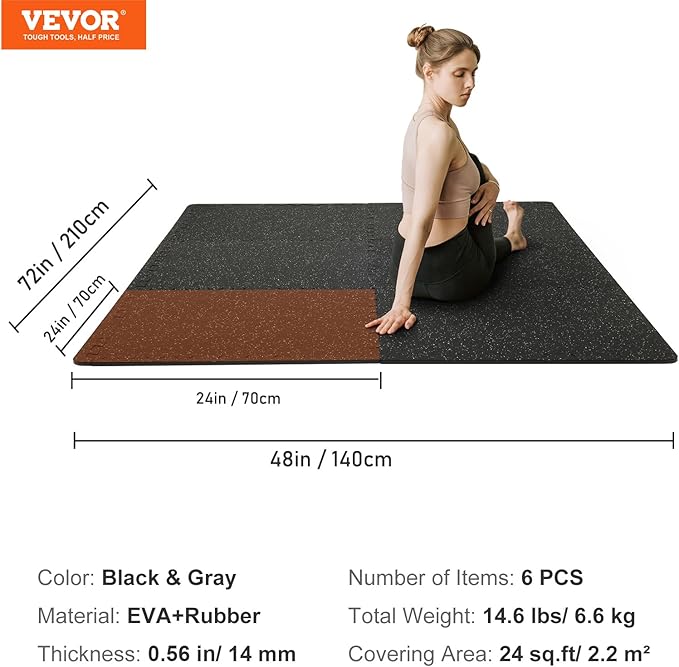 VEVOR 0.56Inch 24sq.ft 6 Tiles Gym Flooring for Home Gym, Rubber Top with High Density EVA Foam, 25 x 25In Gym Floor Exercise Equipment Mats, Interlocking Gym Mats, Puzzle Workout Mats, Black & Gray